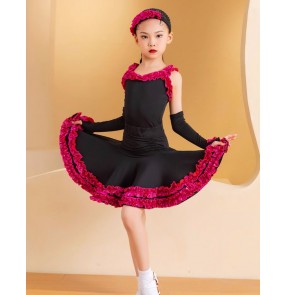 Girls kids black with fuchsia ruffles latin ballroom dance dresses salsa rumba chacha modern dance outfits for Children